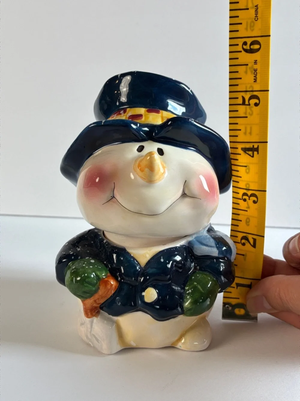 Ceramic Snowman Canister  Figurine with Navy Hat and Green Mittens